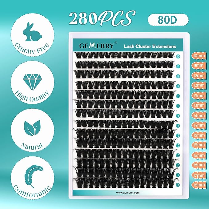 GEMERRY Lash Clusters 280pcs 80D DIY Eyelash Extension D Curl Individual Lash Cluster Natural Eyelash Extension Mixed Tray Reusable Handmade Home Application (80D-0.07D-10-18MIX)