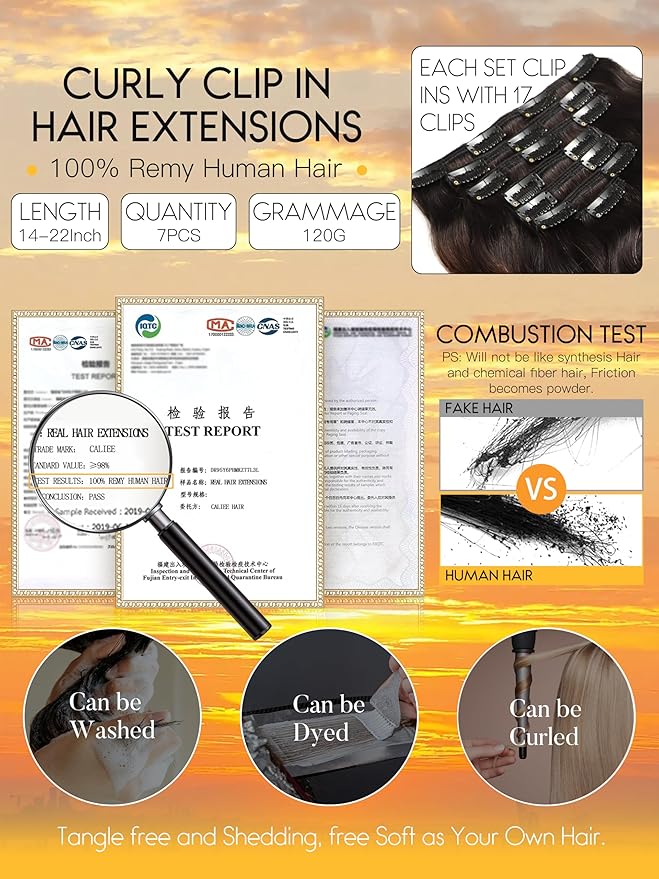 Caliee Natural Wave Curly Clips in Hair Extensions 14Inch T#1B/4 Natural Black Fading into Dark Brown 8A Grade Remy Human Hair Extensions for Black Women 120G 7Pcs with 17Clips