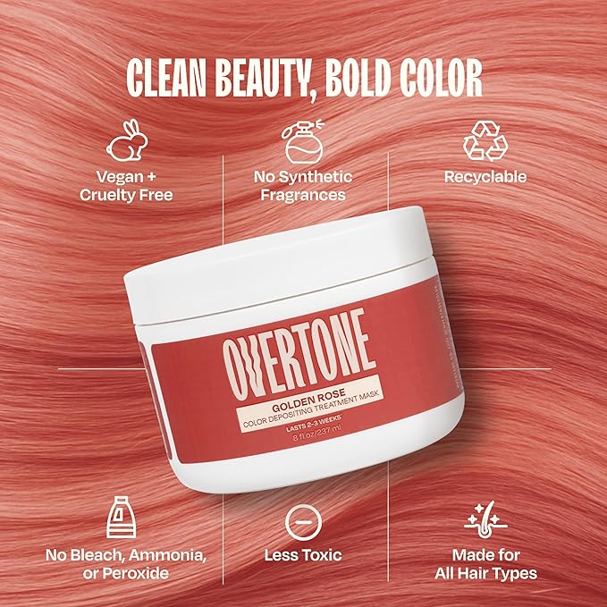 Overtone Semi Permanent Hair Color Conditioner, Rose Gold for Brown is Golden Rose, 8 oz, Nourishing, Damage-Free, Color Depositing Mask for All Hair Types with Shea Butter & Coconut Oil, Vegan