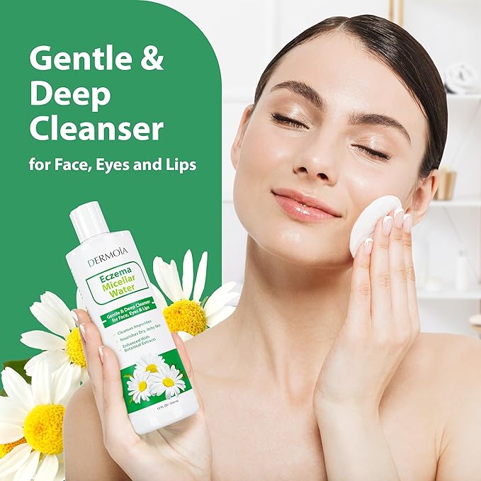 Eczema Micellar Water - Gentle Facial Cleanser and Makeup Remover for Sensitive & Eczema Prone Skin - Hydrating Micellar Cleansing Water with Soothing Colloidal Oatmeal & Cucumber (12 fl oz)