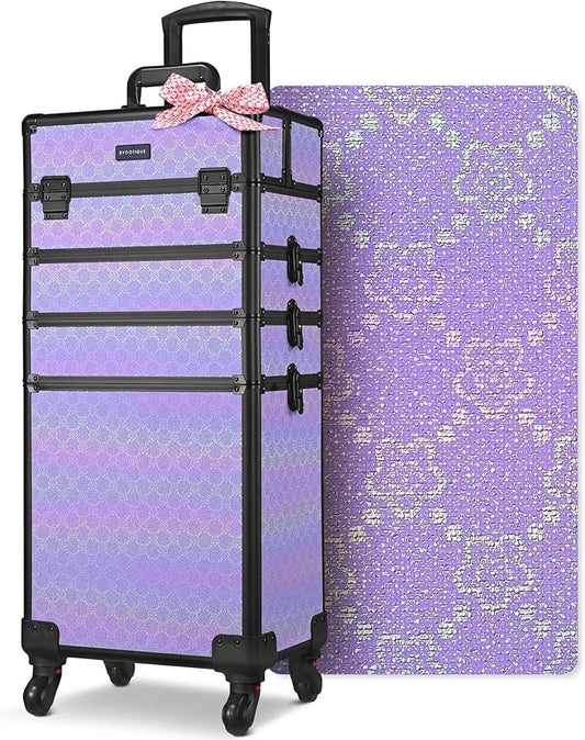 BYOOTIQUE 4in1 Makeup Rolling Case Nail Cart Organizer with Wheels False Eyelash Storage Hairdressing Brush Bags for Beauty Salon Hairstylist Barbershop,Charm ForgetMeNot