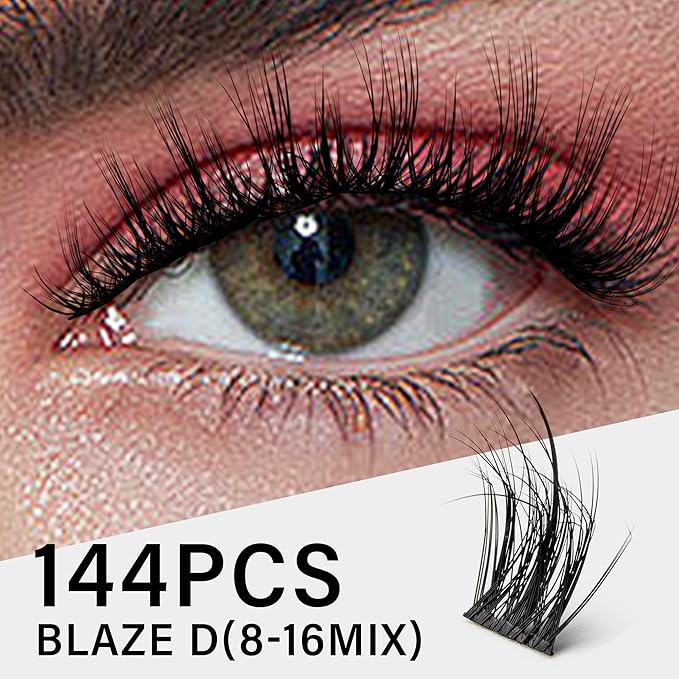 Lash Clusters 8-16mm, False Eyelashes 144pcs, Cluster Eyelash Extensions Matte Black Soft, Diy Lash Extensions D Curl Natural Lash Clusters Faux Mink Lashes Wispy（Blaze,144pcs,0.07,D,8-16MIX)