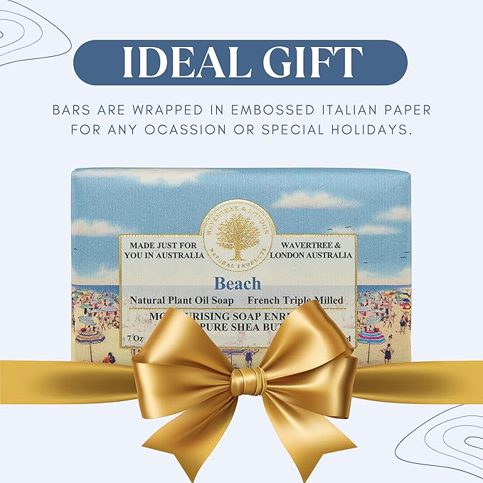 Wavertree & London Beach Scented Natural Soap (2 Bars), 7oz Moisturizing French Triple Milled Soap Bars enriched with shea butter - Pure Plant Based Bath & Body Bars for All Skin Types