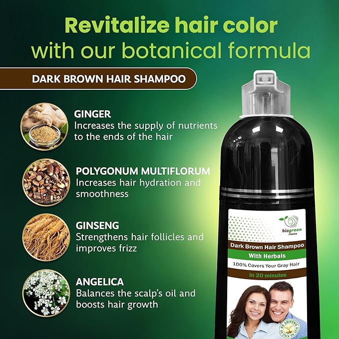 Ammonia-Free & Paraben Free Herbal Hair Shampoo - Hair Dye Shampoo for Women & Men - Natural Color & Herbal Nourishment - No Stain on Skin - Dark Brown (400 ml)