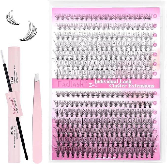 FADLASH DIY Lash Extension Kit Individual Lashes Cluster D Curl Eyelash Extension Kit with Lash Bond and Seal and Lash Applicator Tool for Self Application at Home (10D+20D-0.07D-8-16MIX KIT)
