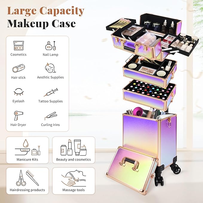 Profesional Rolling Makeup Train Case with Lid, 5 in 1 Cosmetology Case on Wheels, Large Cosmetic Trolley Organizer Travel for Hairstylist Artist Nail Beauty Salon Barber, Colorful