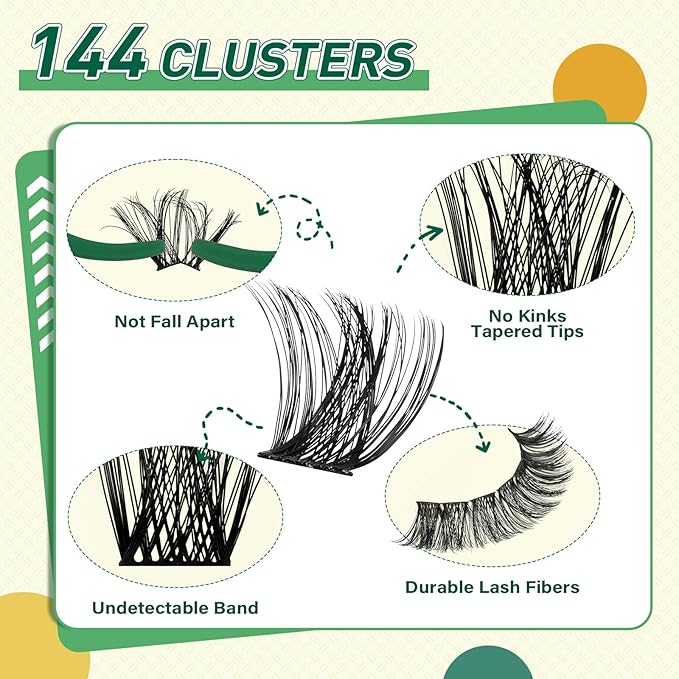KEYYOU Lash Clusters Kit Natural Wispy DIY Lash Extension Kit 144pcs Lash Clusters Eyelash Extension Kit with Mascara Brush Bond and Seal Glue Remover Applicators Brush for Lash Extensions (Y01 Kit)