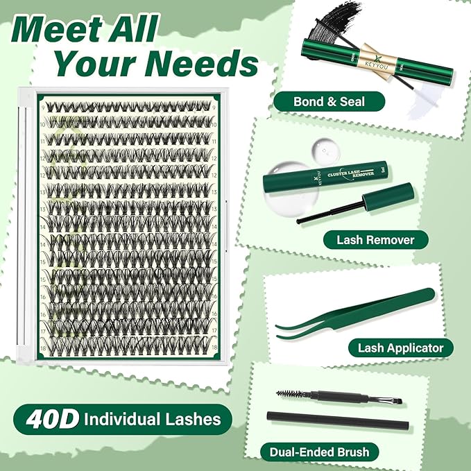 KEYYOU Lash Extension Kit DIY 300Pcs Lash Clusters Eyelash Extension Kit 40D C Curl 9-18MIX Lash Clusters Kit with Lash Glue Remover Applicator Easy to Use for Beginners(Kit,40D-C,9-18MIX)
