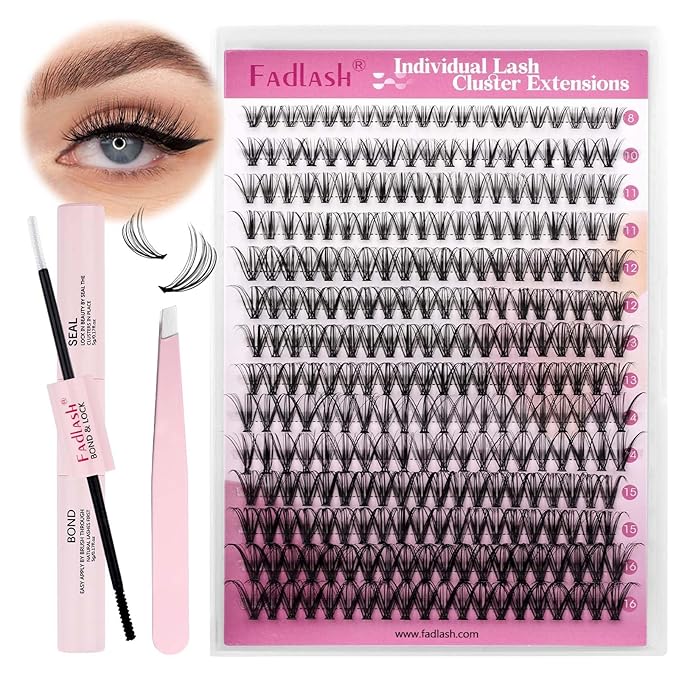 FADLASH DIY Lash Extension Kit Individual Lashes Cluster D Curl Eyelash Extension Kit with Lash Bond and Seal and Lash Applicator Tool for Self Application at Home (20D-0.07D-8-16MIX KIT)