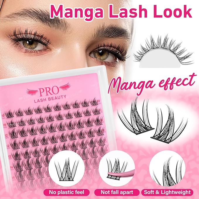 PROLASHBEAUTY Lash Clusters Kit Manga Lash Extension Kit Eyelash Extension Kit Wispy Lash Kit with Waterproof DIY Lash Extension Kit at Home (Cherry,10-18mix)