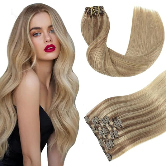 Youngsmile Human Hair Clip in Extensions, Clip in Hair Extensions, Soft Silk Straight,Double Weft Human Hair, 120g 7 Pieces 14inch,Balayage Ash Brown to Caramel Blonde (CLIP#10/27/27-14inch)