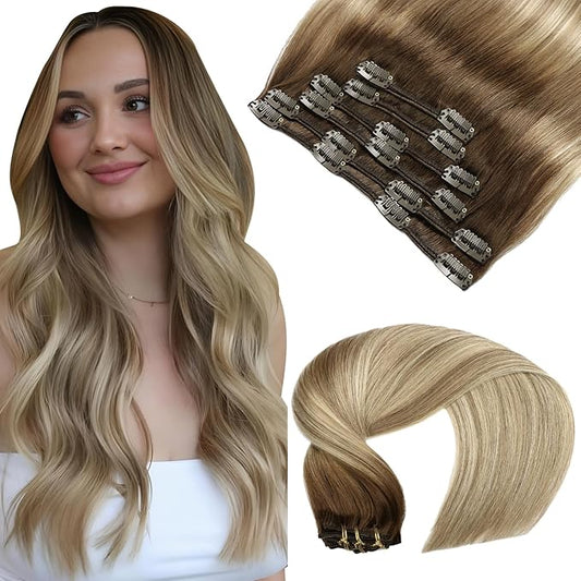 VINBAO Clip in Human Hair Extensions 6pcs 120g 22inch Balayage Color 3 Fading to 8 and Highlight 22 Medium Blonde Clip in Hair Extensions Straight Remy Human Hair Skin Weft (#3/8/22, 22'')