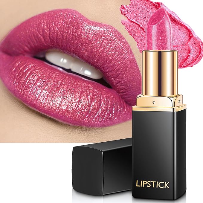 Cool Berry Pink Lipstick for Women with Metallic Shimmer Shine, Long Lasting Lip Stick Glitter Moisturizing Lightweight Full Coverage Lip Makeup, Non-Sticky Pearl Shiny Cream Lipstick Balm, 08