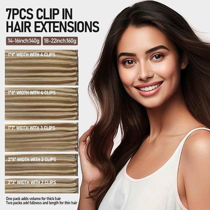 VINBAO Clip in Extensions Real Human Hair Highlights Light Brown with Platinum Blonde Hair Extensions Human Hair Highlighted Clip in Hair Extensions 140g 14in 7pcs (#HC8P60,14'')