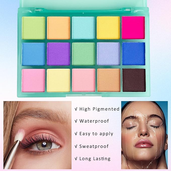 K'APEINE Colorful Eyeshadow Palette, 15 Colors Eyeshadows Neon Matte Eye Shadow Candy Color High Pigmented Shadow Set Long Lasting Eye Makeup Cosmetics Set for Party,Music Festival, Stage Performance