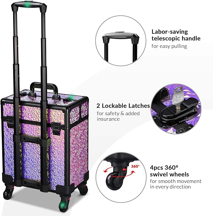 BYOOTIQUE Rolling Cosmetology Case on Wheels Hairdressing Brush Bags Lash Storage Box Cosmetic Organizer for Makeup Artist Beauty Salon Nail Technician Hairstylist,Mermaid Pink