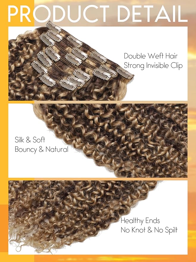 Caliee 18Inch Human Hair Jerry Curly Clip in Hair Extensions Highlight Piano Dark Brown Mixed with Strawberry Blonde for Women 3B 3C Curly Clip ins Real Remy Human Hair Extensions #P4/27 120G 7Pcs