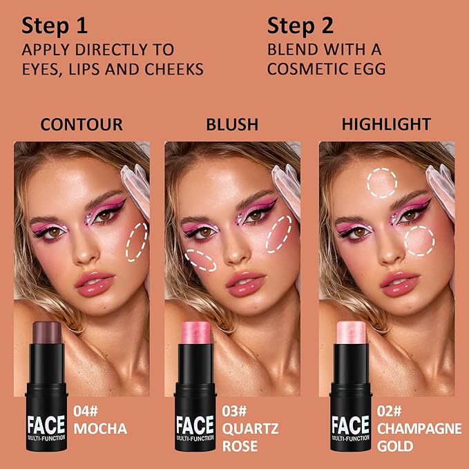 6PCS Cream Contour Stick Kit,Matte Waterproof Blush Highlighter Bronzer Contour Stick with Makeup Sponge,Non-greasy Creamy Travel Size Contouring Stick Makeup Set for Face,Suitable for All Skin Types