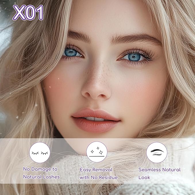 JoMay Self Adhesive Eyelashes, Press on Lashes No Glue Needed, Glueless Lashes Pre-Glued Natural Cluster Extension Kit D Curl For Beginners, No Sticky Residue 1 Step DIY 96PCS 10-16mm X01-X03