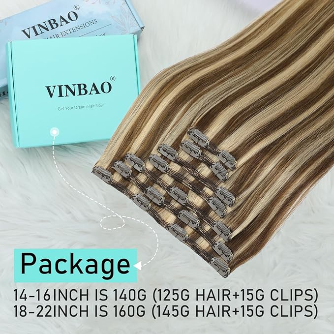 VINBAO Clip in Hair Extensions Real Human Hair 7Pcs 140 Grams Dark Brown Highlights Caramel Blonde Clip in Human Hair Extensions Straight Remy Hair 14 Inch Thick End (#HC4P27,14'')