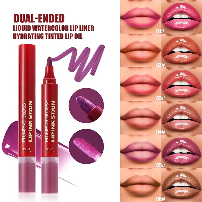 Purple Dual-Ended Liquid Watercolor Lip Liner & Hydrating Tinted Lip Oil, Highly Pigmented Long Lasting Lip marker pen, Smudge Proof Natural Finish, Precise Chisel Tip Marker 05#