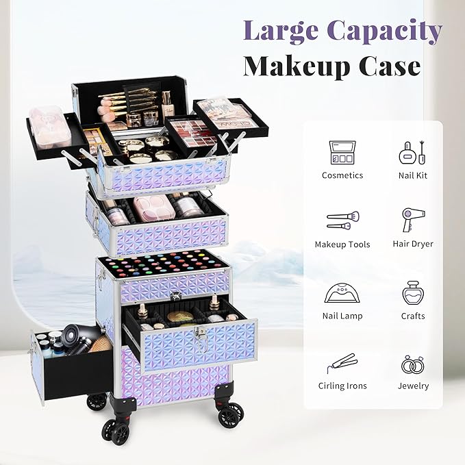 AROUS Rolling Makeup Train Case with 3 Drawers, Cosmetology Case on Wheels Nail Trolley Cart Salon Station Organizer Cases for Nail Tech, Face Painting,Hairstylist, Makeup Artist, Silver