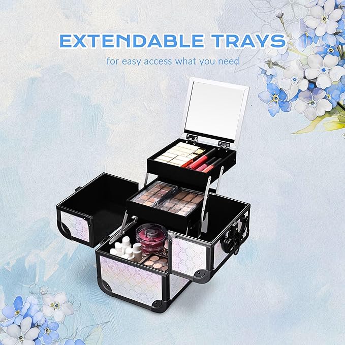 BYOOTIQUE Rolling Makeup Train Case w/Cube Case Cosmetic Organizer ForgetMeNot