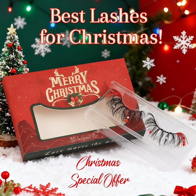 Veleasha Christmas LE Lashes Dramatic Eyelashes with Diamonds Cat Eye Lashes Colored False Eyelashes Fluffy Faux Mink Lash with Glue & Tweezers Look Like Lash Extensions (Christmas LE)