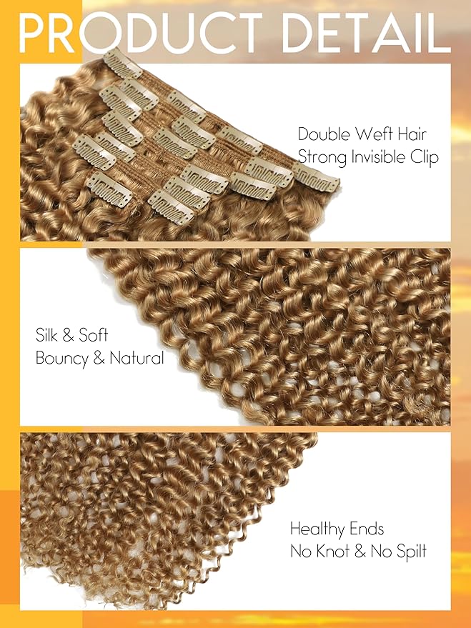 Caliee Jerry Curly Clip in Human Hair Extensions 22inch, Blonde Color Curly Clip in Hair Extensions Spiral Curly Clip in Extensions Real Remy Human Hair 7pcs #27