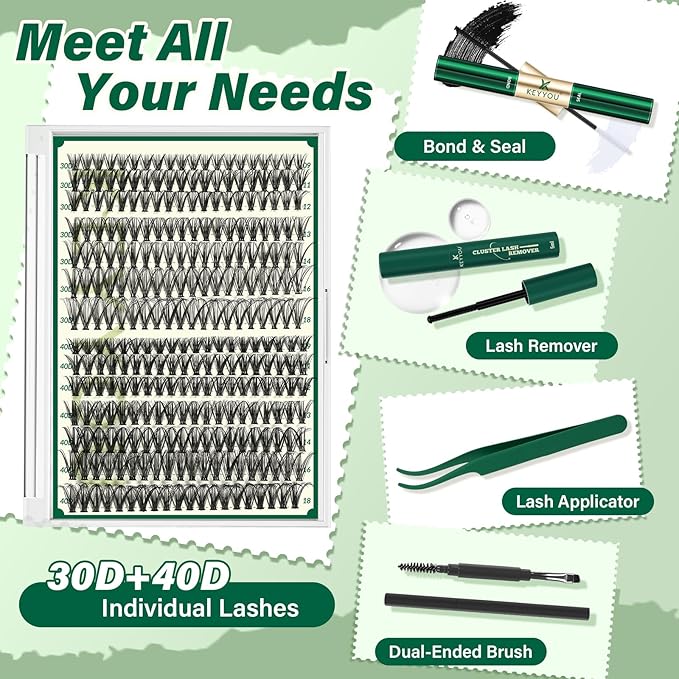 KEYYOU Lash Extension Kit DIY 280Pcs Lash Clusters Eyelash Extension Kit 30D40D,D Curl 9-18MIX Lash Clusters Kit with Lash Glue Remover Applicator Easy to Use for Beginners(Kit,30D40D-D,9-18MIX)