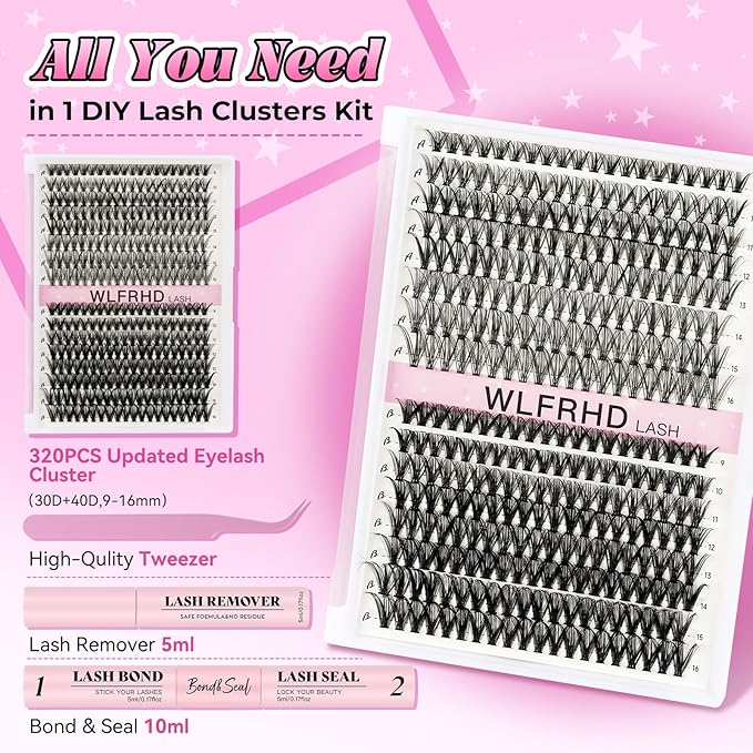 Lash Clusters Kit 320 Pcs D Curl DIY Natural Wispy Lashes Eyelashes Clusters Eyelash Extension Kit with Eyelash Bond and Seal, Remover & Tweezers (30D+40D, Mix9-16mm Kit)