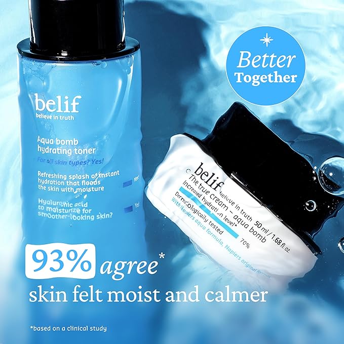 belif Niacinamide Hydrating Toner – Aqua Bomb Lightweight Cooling Toner with Hyaluronic Acid, Soothing and Balancing Formula, Skin Barrier Repair and Radiant Skin, Korean Skincare, 5.07 fl oz