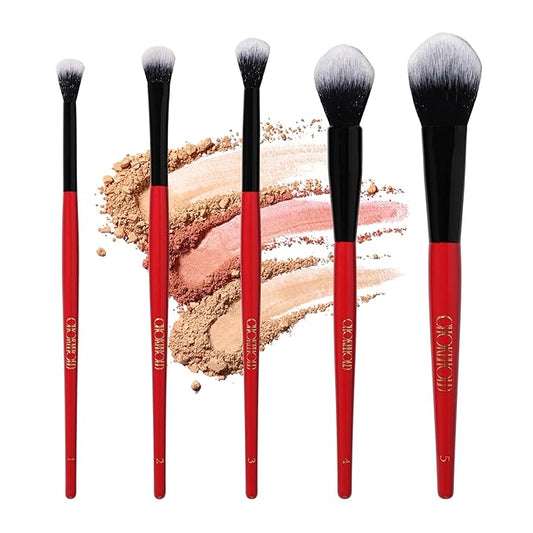Professional Makeup Brush Set, 5-Piece, Ombre Bristles, Vegan, Red-Black Handle with Gold Branding