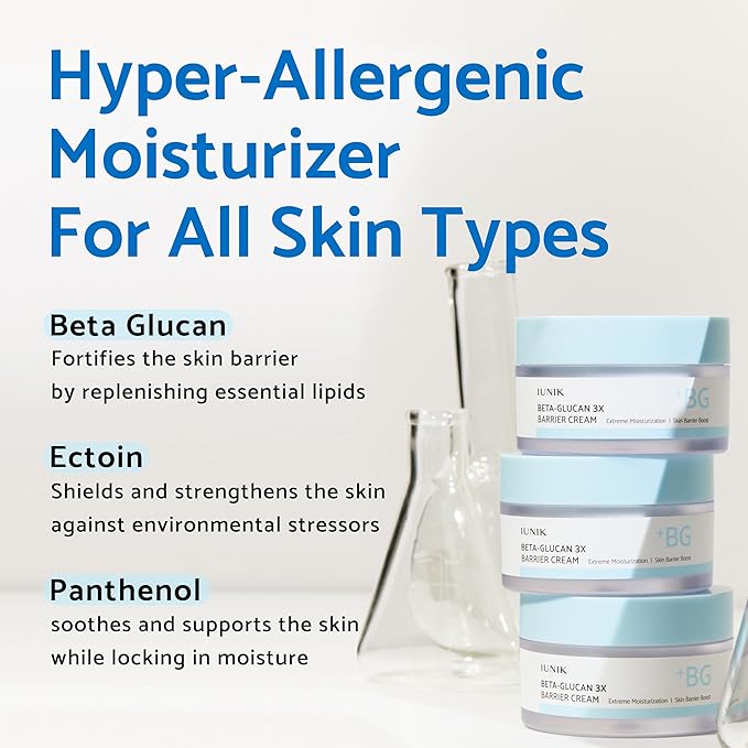 IUNIK Beta-Glucan Non-Sticky Deep Moisture Hydration 3x Barrier Cream Day&Night Moisturizer Quick Absorption Barrier Strengthening for Sensitive Dry Skin with Shea Butter Panthenol Korean Skincare