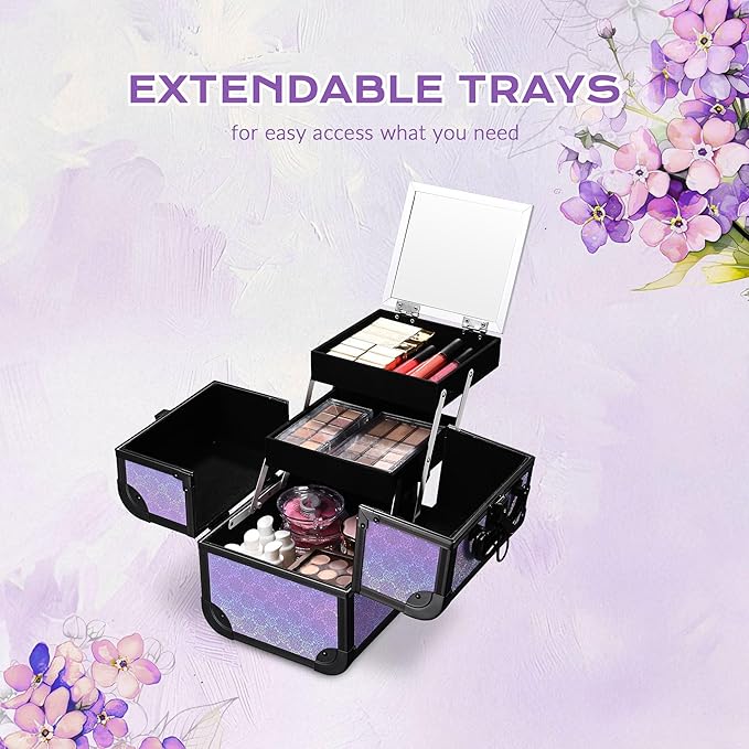 BYOOTIQUE 4in1 Rolling Makeup Train Case w/Cube Case Cosmetic Organizer Purple
