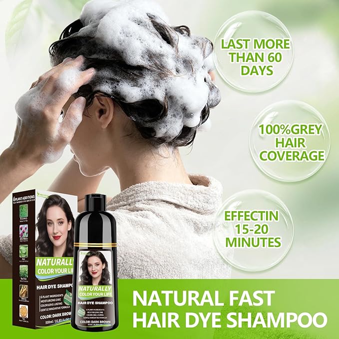 Dark Brown Hair Dye Shampoo for Women & Men, 15 Min Gray Coverage, 3 in 1 Semi-Permanent Color with Natural Herbal Ingredients, Lasts 60 Days