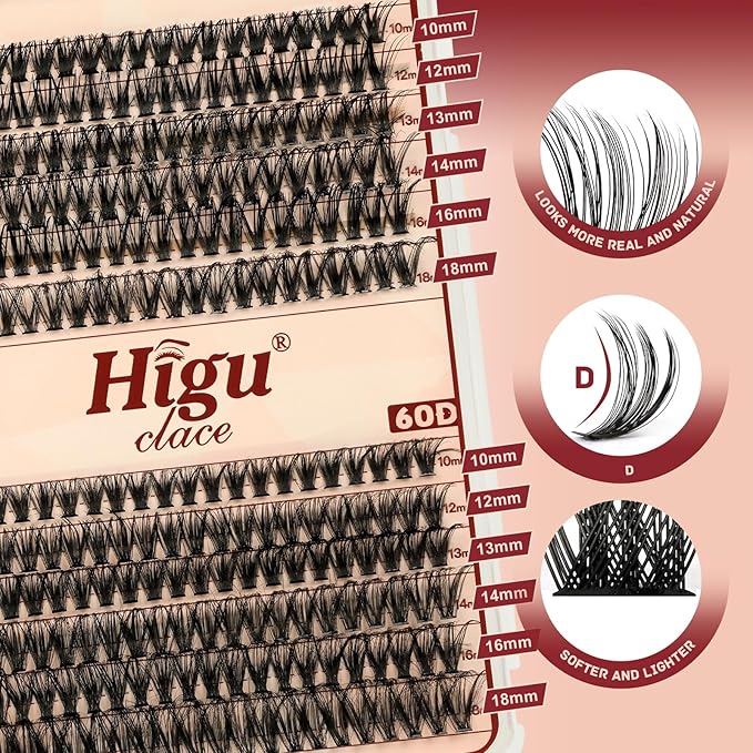Higu clace Lash Clusters 480pcs 30D+40D+50D+60D Eyelash Clusters 4 Styles Mixed 10-18MM, Wispy Cluster Eyelash Extensions, Easy to Use, Can DIY at Home