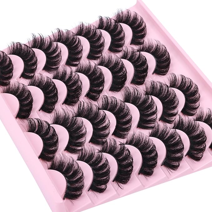 False Eyelashes Volume Russian Strip Lashes D-Curly Cat Eye Lashes Natural Fake Eyelashes Extension Handmade Soft Reusable 14 Pairs Wispy Lashes Pack