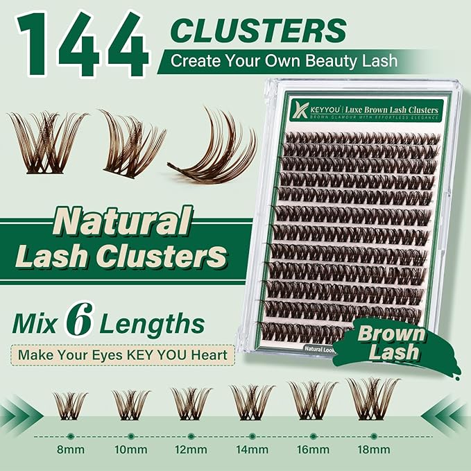 KEYYOU Brown Lash Clusters 144pcs Eyelash Clusters 8-18MIX D Curl Cluster Lashes Soft Wispy Lash Clusters Natural Look Brown DIY Lash Extension At Home(Brown02-D-8-18MIX)