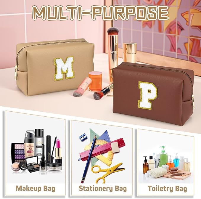 TOPEAST Preppy Bag, Monogrammed Makeup Bags with Zipper, Cute Makeup Pouch, Initial Birthday Gifts Bag for Daughter Friends Sister, Preppy Things for Girls (Khaki H)