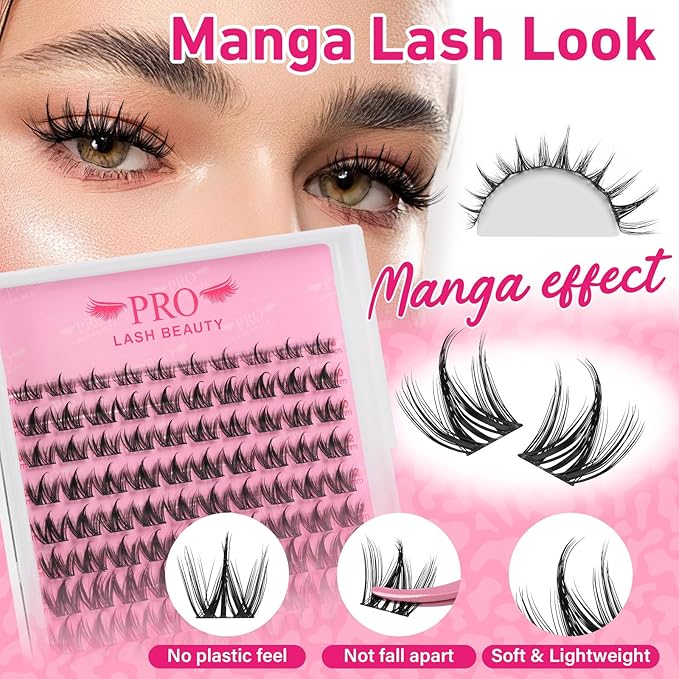 PRO LASHBEAUTY Manga Lash Clusters Kit with Lash Bond and Seal Eyelash Applictor Lash Remover DIY Lash Extension Kit Waterproof Resuable Eyelash Extensions at Home (Nova,8-18mix)