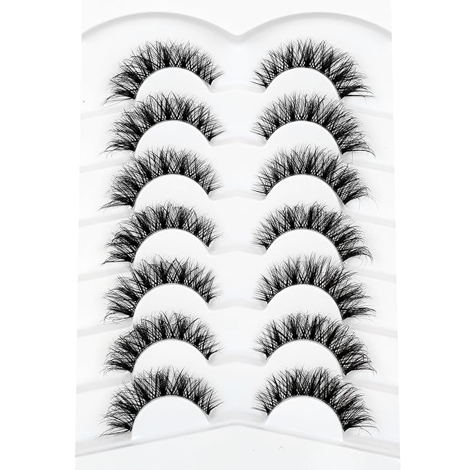 Pooplunch False Eyelashes Cat Eye Wispy Lashes Natural Short 8D Faux Mink Lashes Fake Eyelashes Strips 7 Pairs Pack