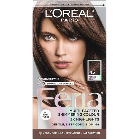 L'Oreal Paris Feria Multi-Faceted Shimmering Permanent Hair Color, 45 French Roast (Deep Bronzed Brown), Pack of 1 Hair Dye Kit