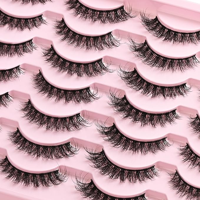 Lashes Wispy False Eyelashes Cat Eye Lash Strips Natural Fake Eyelash Mink Strip Lash Pack 14 Pairs Lightweight Fluffy Cateye Lashes Soft Cotton Band 8-14mm Wispies Easy Eyelashes Natural Look