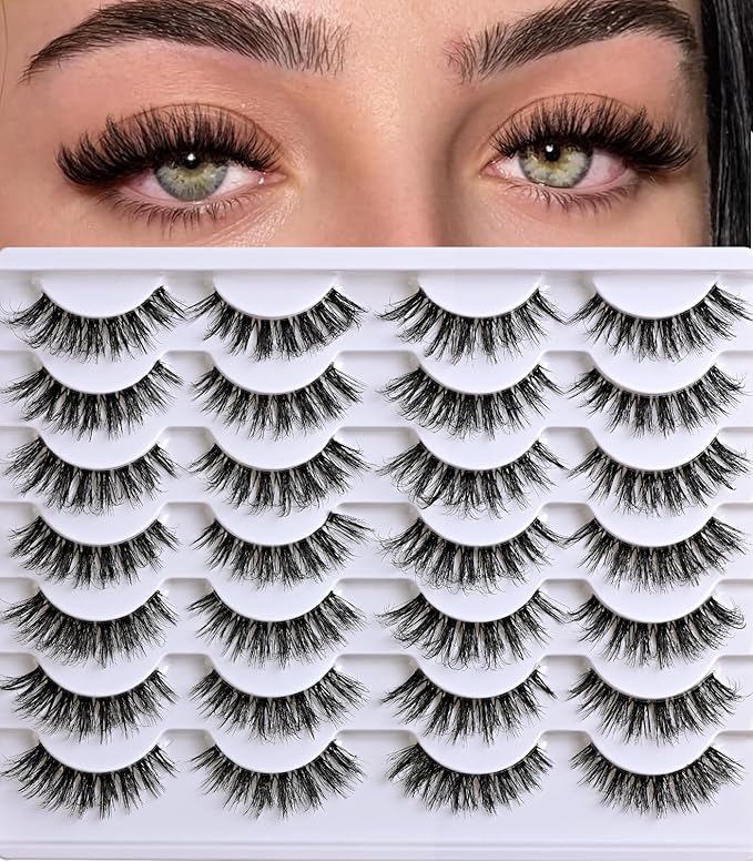 Cat Eye Lashes Natural Wispy Eyelashes 14 Pairs Fake Lashes Strips 8-15mm Short False Mink Eyelash Pack Small Clear Invisible Band Wispies Strip Lash Natural Look