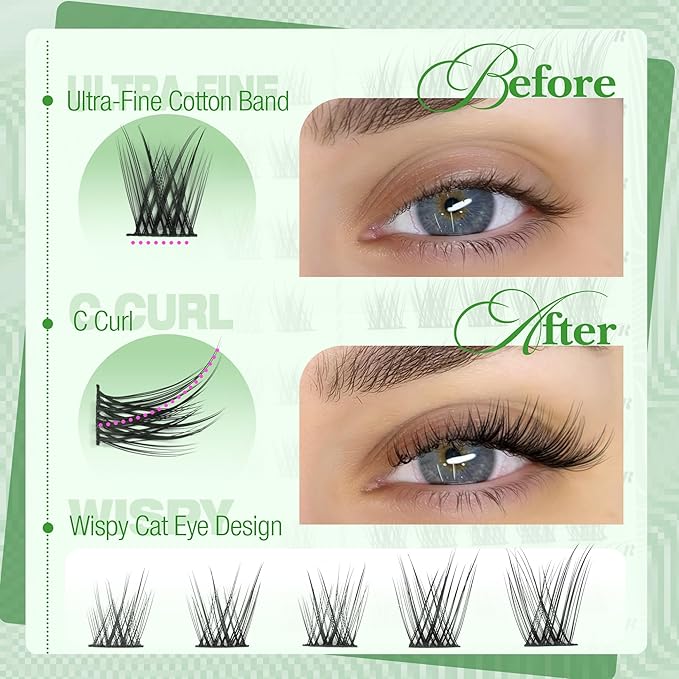 Cat Eye Lash Clusters Natural Eyelash Extension Half Lashes Wispy Individual Lash Extensions Pestañas postizas Left & Right Eyelashes Clusters C-Curly Corner Cluster Lashes Beginner-Friendly DIY Lash