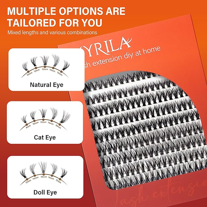Lash Cluster 240pcs Individual Lashes,8-16mm Diy Lash Extension,C Curl Lash Clusters Wispy,3D Natural Lash Clusters Look Like Eyelash Extension DIY at Home (Orange 40P-C-8-16mix)