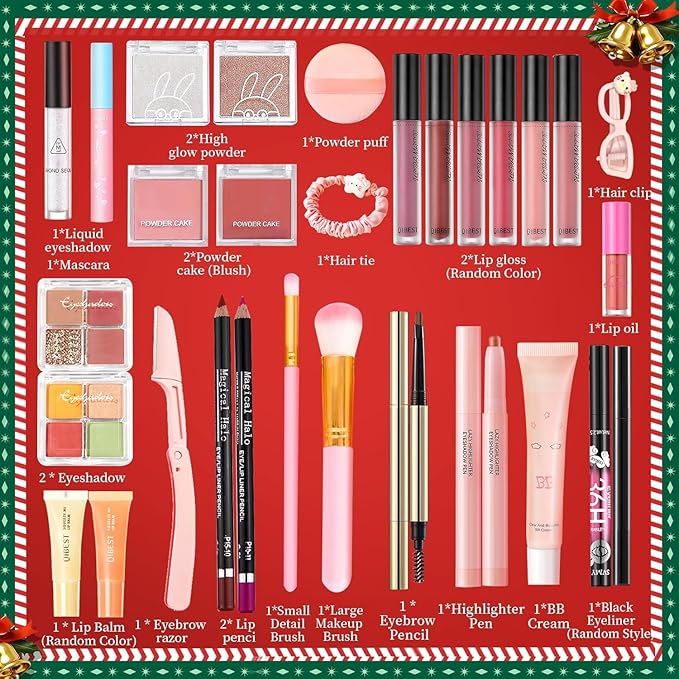 Makeup Advent Calendar 2025 for Women & Teen Girls, 24 Days Christmas Countdown Calendar Beauty Gift Set, 2025 Xmas Gift Surprise Box Beauty Calendar Full Size Makeup Kit