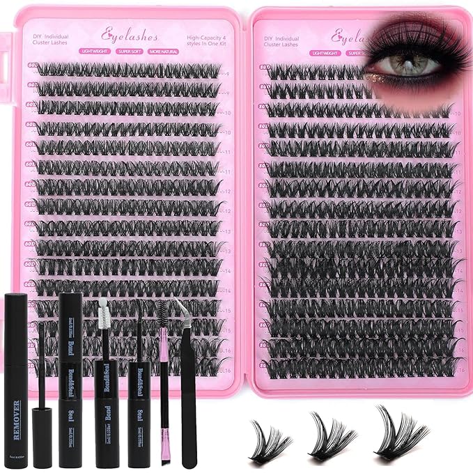 Lash Clusters Kit, Eyelash Clusters Individual Lash Extension Kit 480 Pcs D Curl Fluffy Wispy False Eyelashes Extensions Thin Band with Bond Seal Tweezers Brush Removers (60D+80D KIT9-16mm)