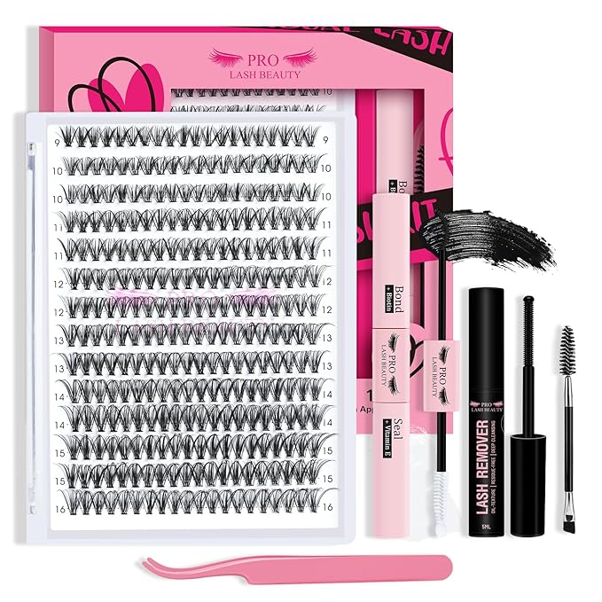Lash Clusters Kit 280pcs Lash Clusters D Curl Eyelash Extension Kit Individual Lashes with Lash Bond and Seal Lash Remover Lash Applicator Easy to Apply at Home(30D-9-16mix Kit)